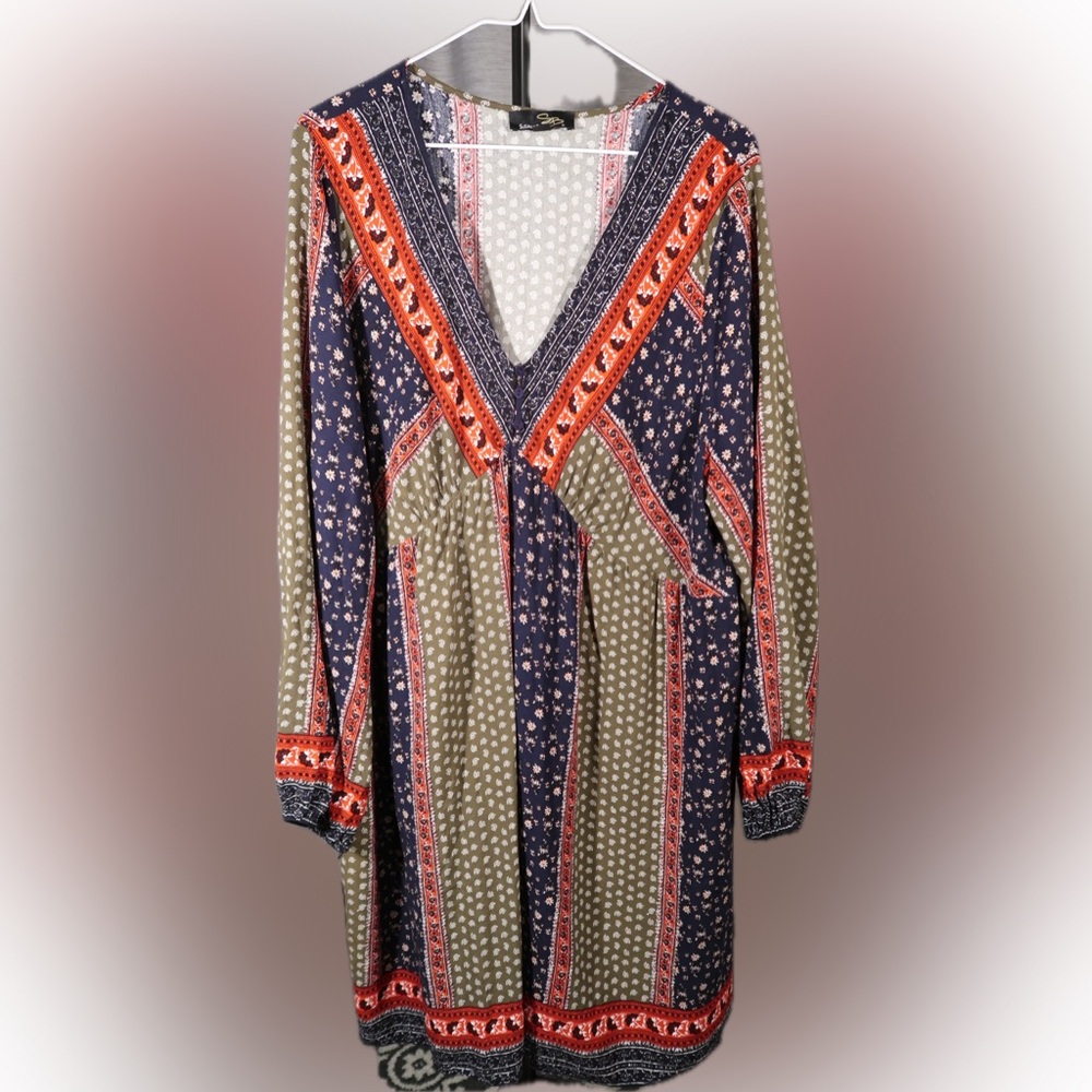 Suzanne Betro Boho Long Sleeve V- Neck Dress size 2X Mixed Pattern Fall Dress